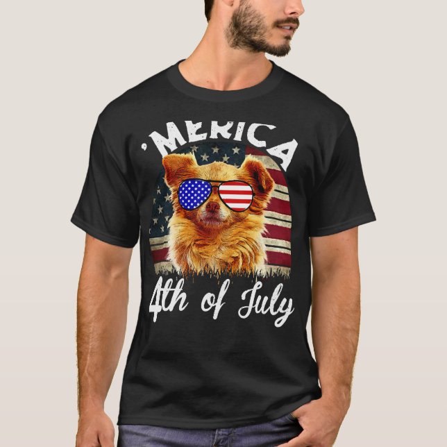 Camiseta Merica 4 de julho Bandeira Americana Chihuahua (Frente)