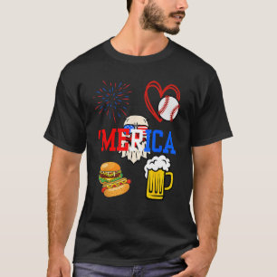 Camiseta Merica 4 de julho Fireworks Beball Hot Dogs Bee