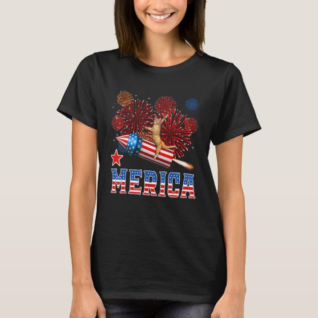 Camiseta Merica 4th of July Cat Riding Firework Rocket Patr (Frente)