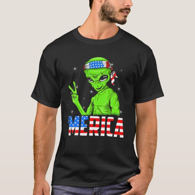 Camiseta Merica Alienígena Engraçado 4 De Julho Alienígena (Frente)