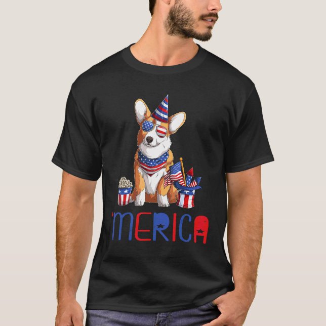 Camiseta Merica American Flag Corgi Sunglass Dog T (Frente)