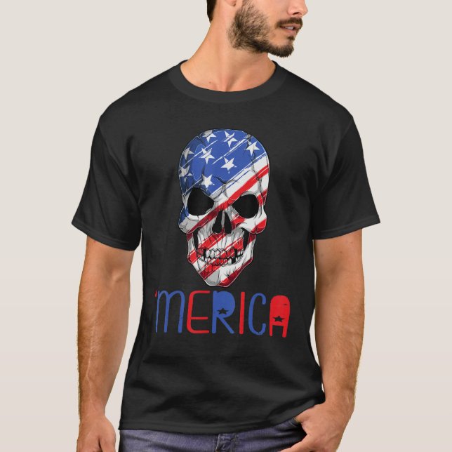 Camiseta Merica American Flag Skull Sunglass 4th July (Frente)