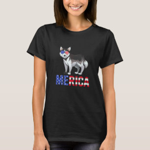 Camiseta Merica Bandeira Usa Cachorro Husky Siberiano Óculo