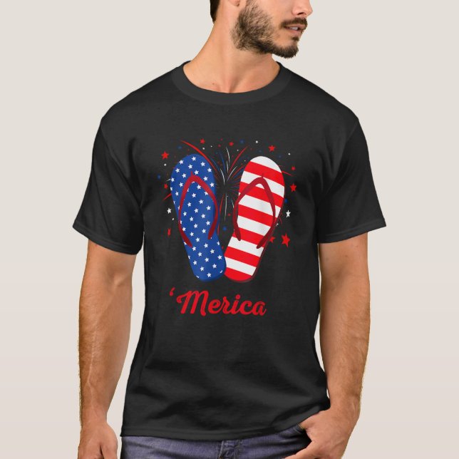 Camiseta Merica Chinelos Lover USA Flag Fireworks 4º (Frente)