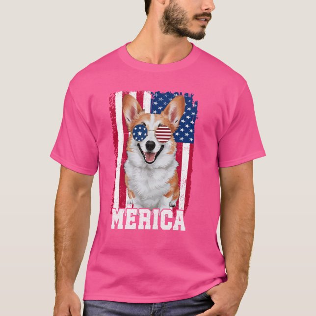 Camiseta Merica Corgi Dog USA Bandeira Patriótica 4 de julh (Frente)