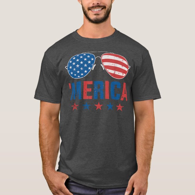 Camiseta Merica Engraçada Com Óculos De Sol USA Bandeira 4  (Frente)