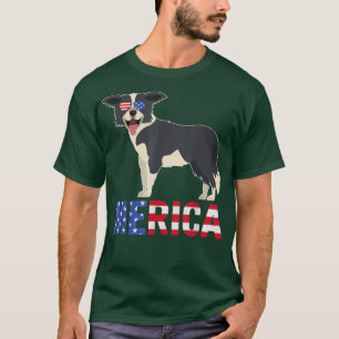 Camiseta Merica EUA Bandeira Fronteira Collie Dog Óculos de