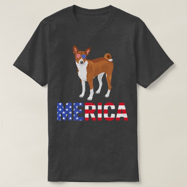 Camiseta Merica EUA Flag Basenji Dog Sunglass Patriótico 4 (Frente do Design)