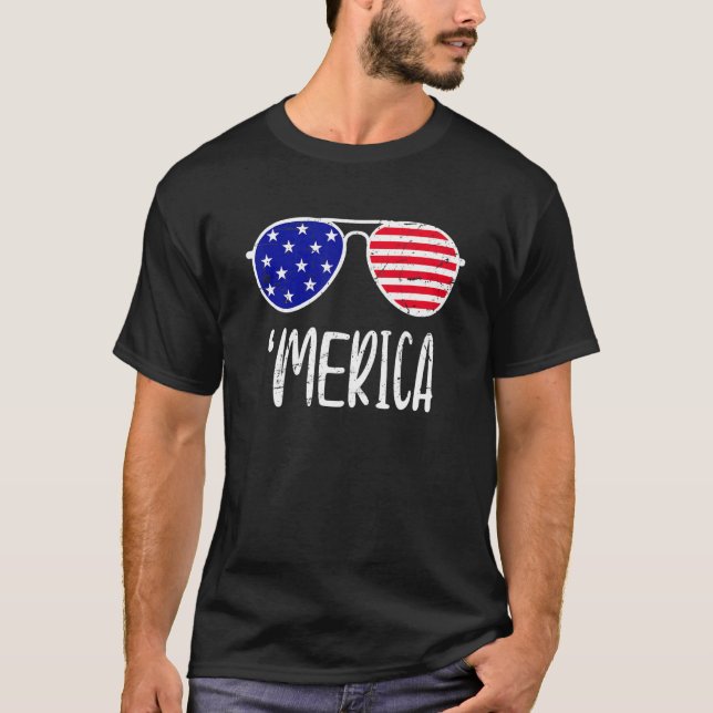 Camiseta Merica Flag Óculos de sol Red White Blue Patriótic (Frente)