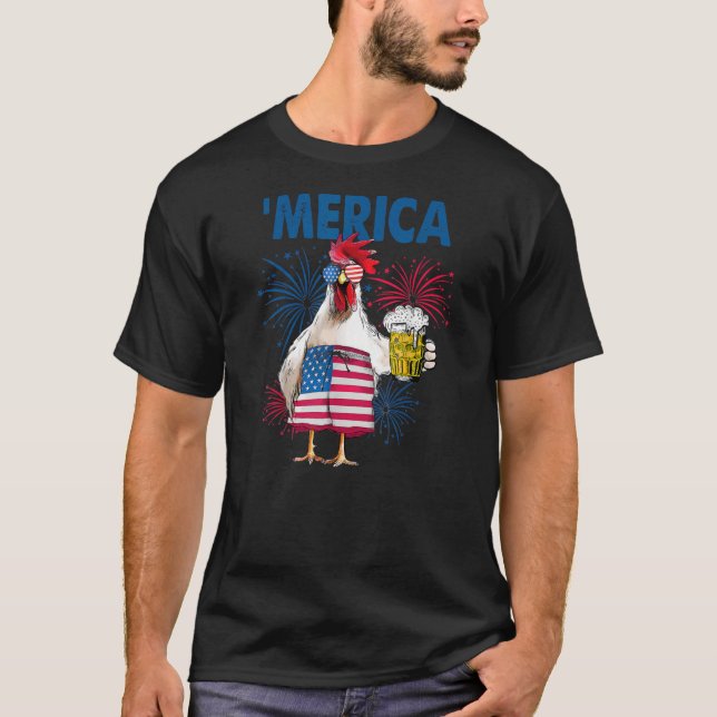 Camiseta Merica Funny Chicken com cerveja USA Flag 4th of (Frente)