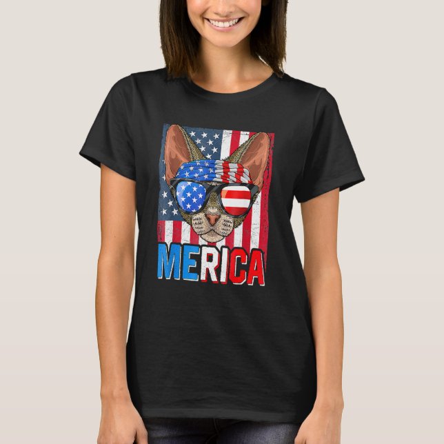 Camiseta Merica Gato Devon Rex Óculos de Sol Bandeira EUA 4 (Frente)