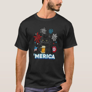 Camiseta Merica Gato Preto Olhos Amarelos Com Cerveja Bande