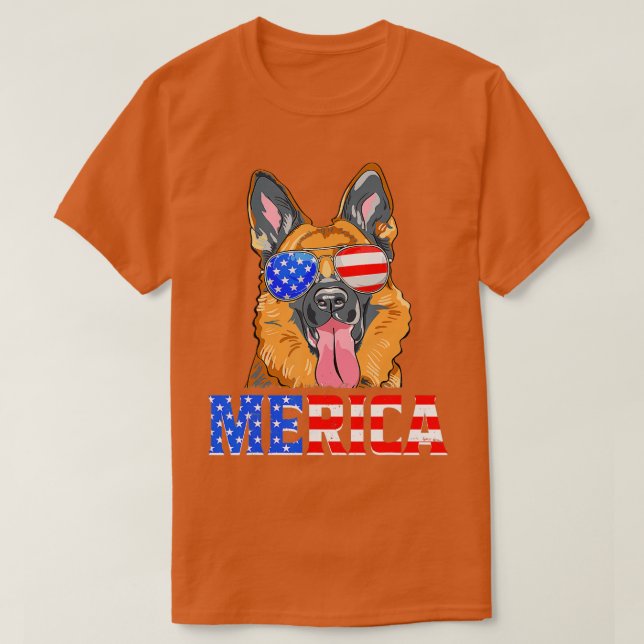 Camiseta Merica German shepherd Cão Americano Bandeira 4° D (Frente do Design)