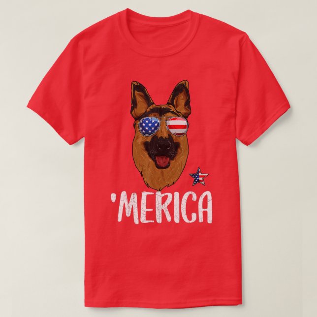 Camiseta Merica German shepherd Dog 4 de julho American Fl (Frente do Design)