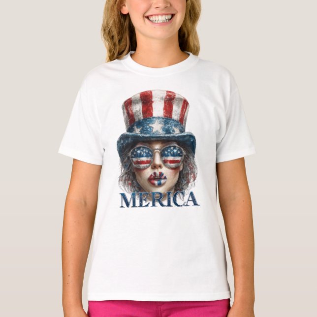 Camiseta Merica Girl, 4 de julho Gelam Girl com estrelas (Frente)