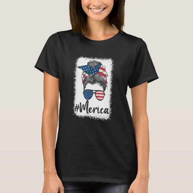 Camiseta Merica Messy Bun Óculos Solares Usa Bandeira 4 De  (Frente)