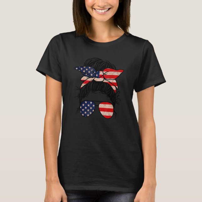 Camiseta Merica Messy Bun Óculos Solares Usa Bandeira 4 De  (Frente)