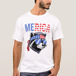 Camiseta Merica Raccoon USA Flag Bandana Sunglasses Funny