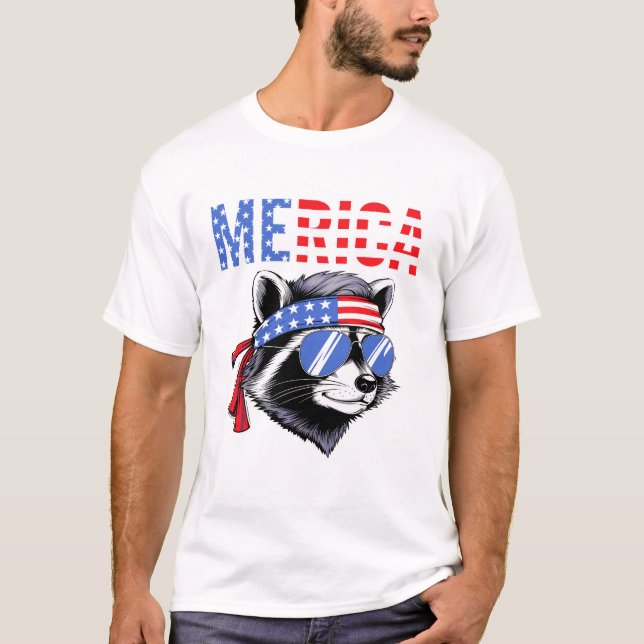 Camiseta Merica Raccoon USA Flag Bandana Sunglasses Funny  (Frente)