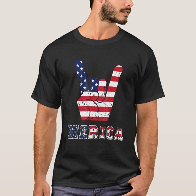 Camiseta 'merica Rock On Sign American Flag Usa (Frente)
