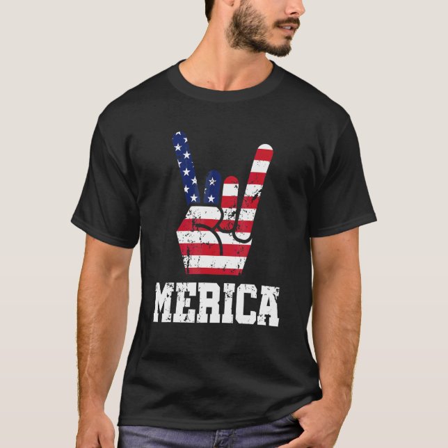 Camiseta Merica Rock On Sign American Flag Usa (Frente)