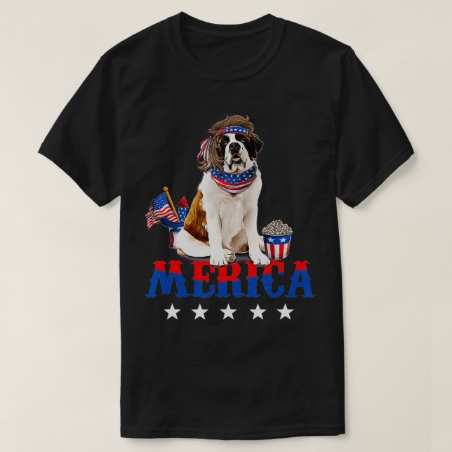 Camiseta Merica Saint Bernard 4th of July American Flag Pat (Frente do Design)