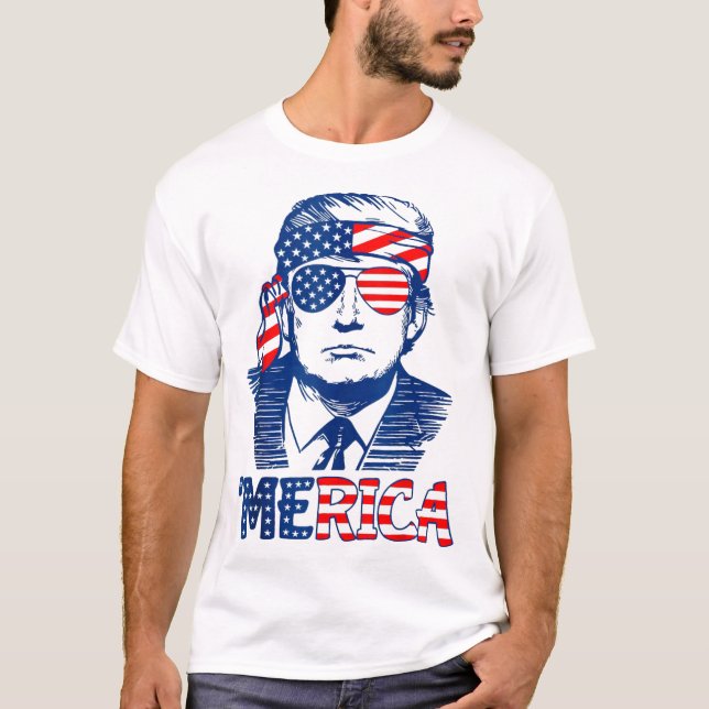 Camiseta MERICA TRUMP Happy 4 De Julho Trump American Flag (Frente)