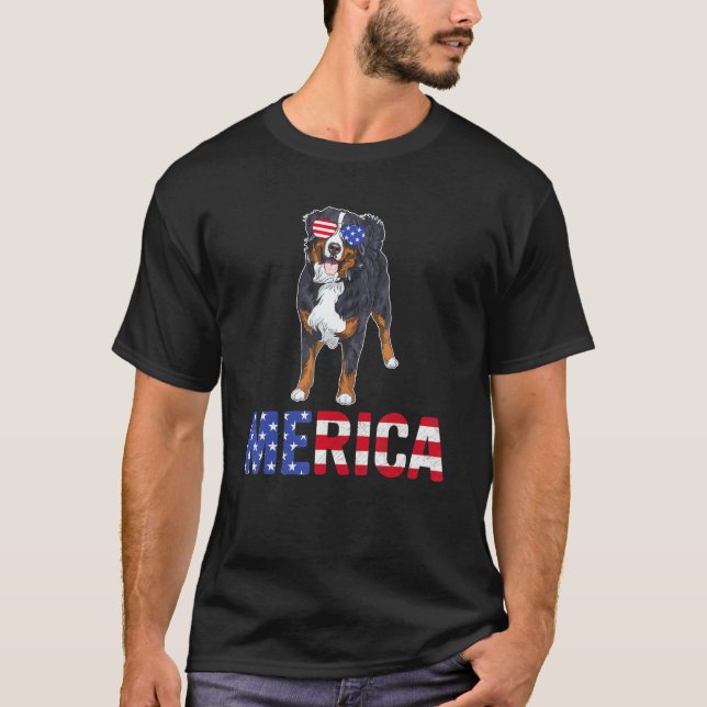 Camiseta Merica Usa Flag Bernese Mountain Dog Óculos suntuo (Frente)