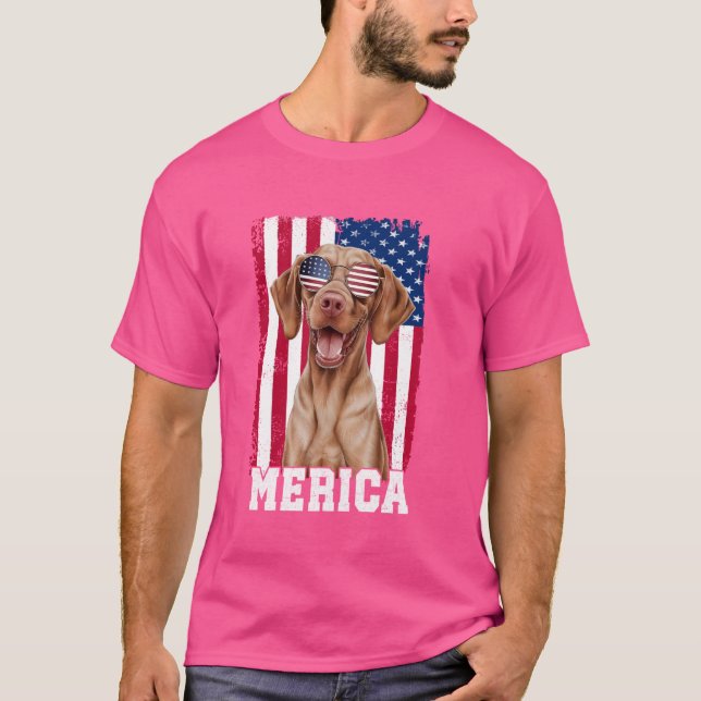 Camiseta Merica Vizsla Dog USA Flag Patriótico 4º de julho (Frente)
