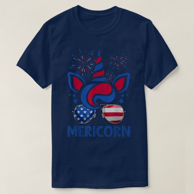 Camiseta Mericorn Unicorn Face & American Flag Óculos de so (Frente do Design)