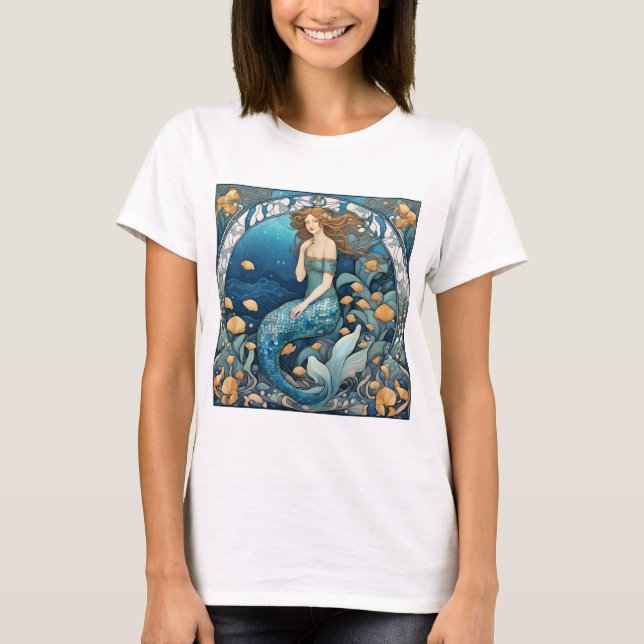 Camiseta Mermaid Art Nouveau Aqua Blue Turquoise Art Deco (Frente)