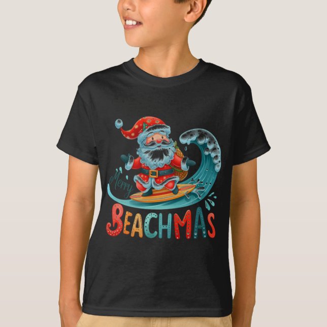 Camiseta Merry Beachmas Santa Surfing Retro Design T Shirt  (Frente)