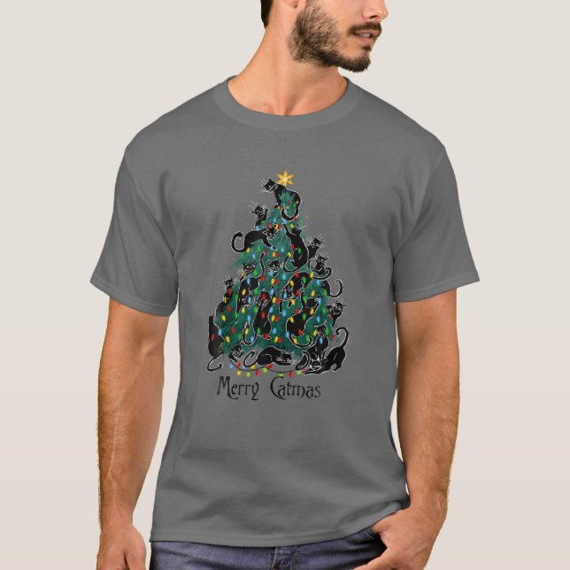 Camiseta Merry Catmas Black Cat Lover Christmas Tree Light (Frente)