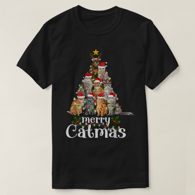 Camiseta Merry Catmas Tree Lights Funny Christmas Cat Match (Frente do Design)