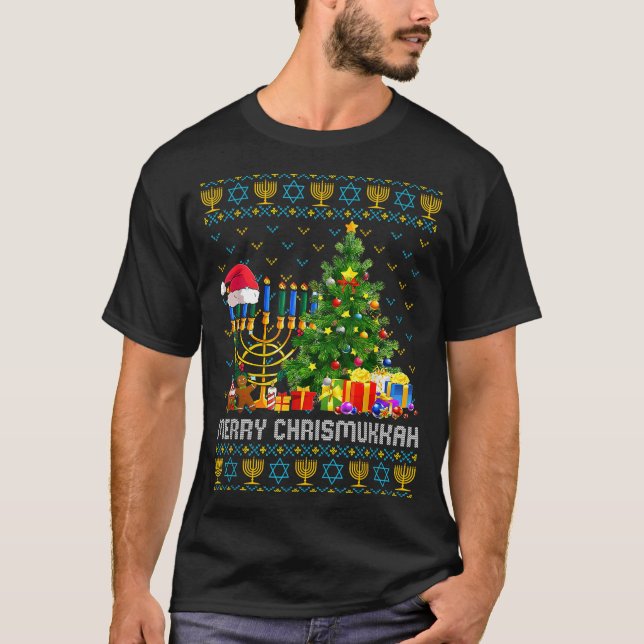Camiseta Merry Chrismukkah Happy Hanukkah Ugly Sweater Fami (Frente)