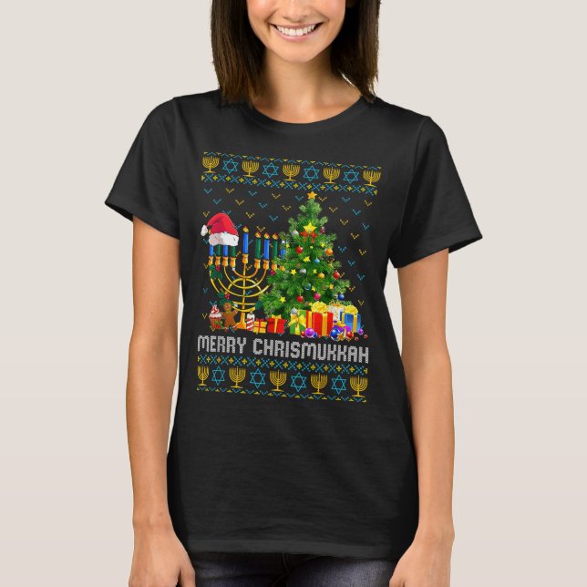 Camiseta Merry Chrismukkah Happy Hanukkah Ugly Sweater Fami (Frente)
