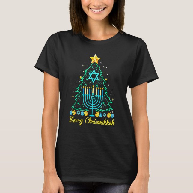 Camiseta Merry Christmakkah  Hanukkah And Christmas Tree Li (Frente)