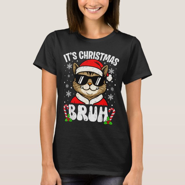 Camiseta Merry Christmas Bruh Funny Cat Kitten Xmas Men Boy (Frente)