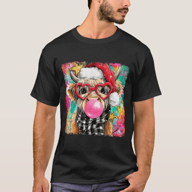 Camiseta Merry Christmas Bubble Gum Xmas Highland Cow Heife (Frente)