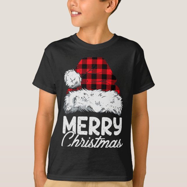 Camiseta Merry Christmas Buffalo Plaid Red Santa Hat Xmas P (Frente)