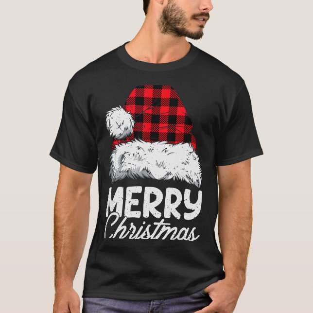 Camiseta Merry Christmas Buffalo Plaid Red Santa Hat Xmas P (Frente)