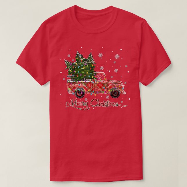 Camiseta Merry Christmas Buffalo Plaid Truck Christmas Tree (Frente do Design)
