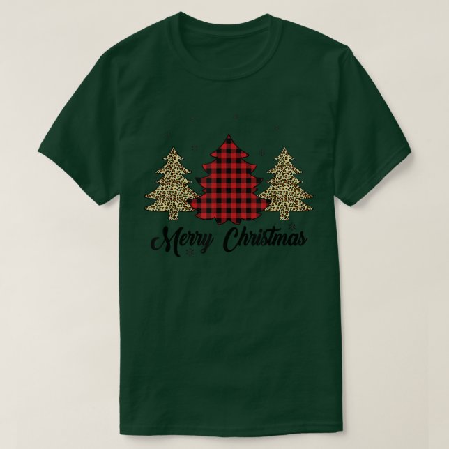Camiseta Merry Christmas Buffalo Red Plaid Leopard Christma (Frente do Design)