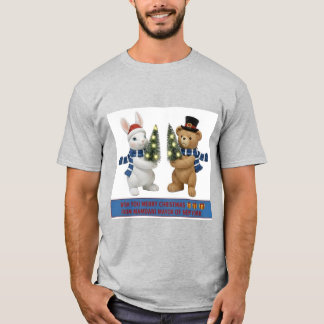 Camiseta Merry Christmas Bunny and Bear Holding Trees T-Shi
