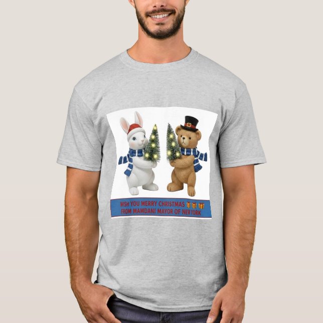 Camiseta Merry Christmas Bunny and Bear Holding Trees T-Shi (Frente)