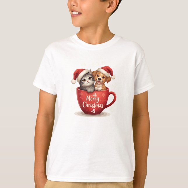 Camiseta Merry Christmas Cat and Dog in Mug Shirt, Cute Pet (Frente)