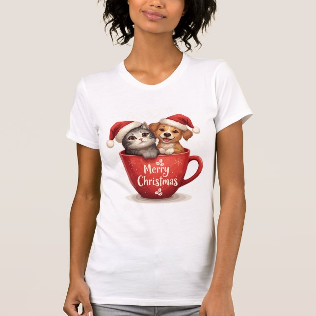Camiseta Merry Christmas Cat and Dog in Mug Shirt, Cute Pet (Frente)
