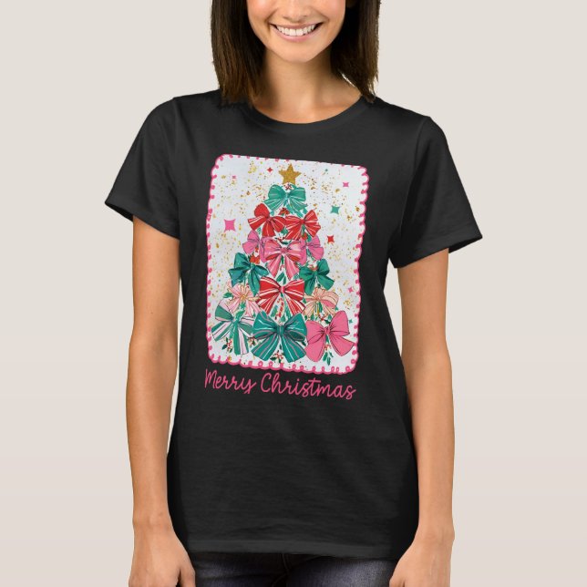 Camiseta Merry Christmas Coquette Bow Xmas Tree Holiday Gir (Frente)