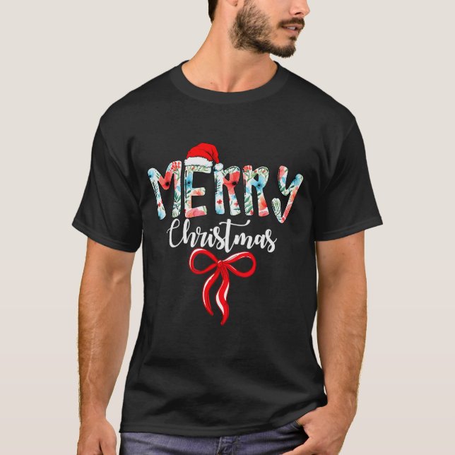 Camiseta Merry Christmas Coquette Red Bow Girls Santa Hat X (Frente)
