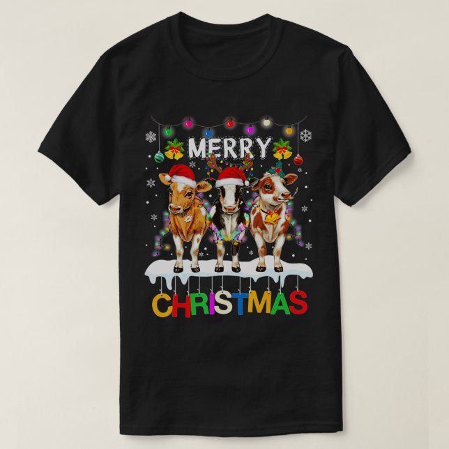 Camiseta Merry Christmas Cow  Farmer Santa Hat Xmas Lights  (Frente do Design)